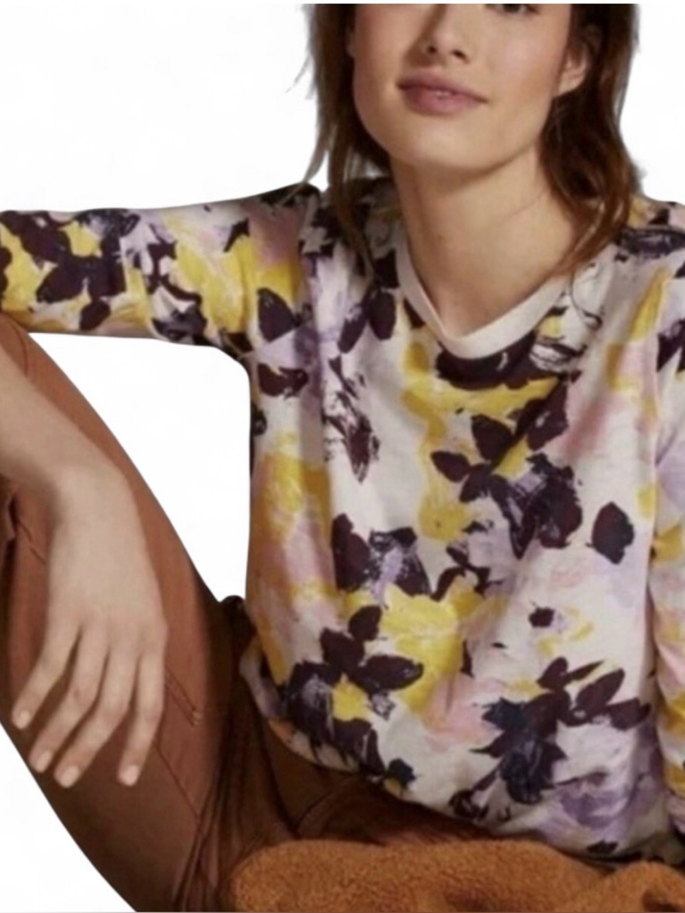 Anthropologie Cotton Cropped Shirt, Purple Pink Yellow Top Soft All Seasons, M